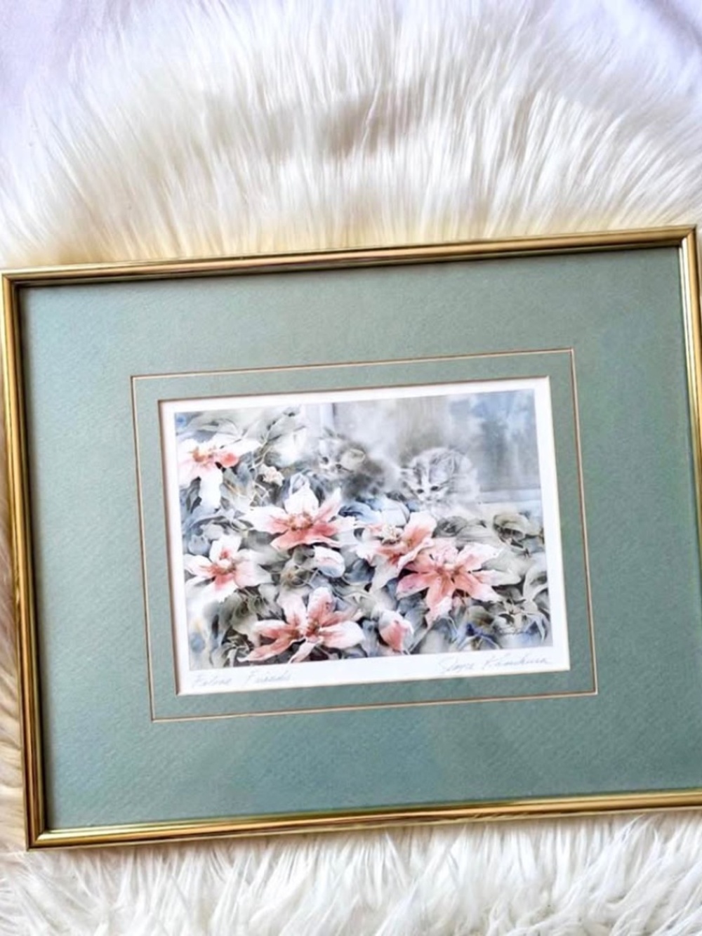 Vintage Framed Cat and Floral Print, Gold Framed Kitten Cottagecore Art